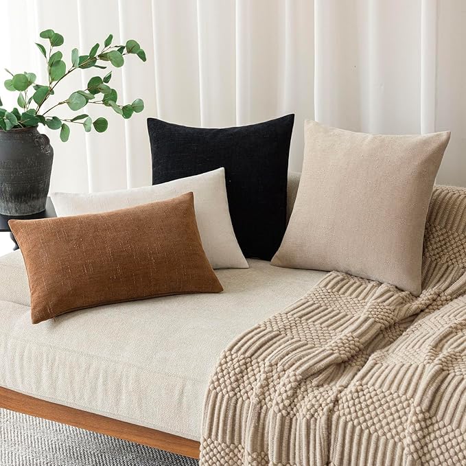 Foindtower Pack of 2 Soft Textured Chenille Throw Decorative Pillow Covers Square Accent Solid Cushion Cover Cozy Farmhouse Pillow Case with Zipper for Couch Sofa Bedroom Living Room 26x26 Inch, Black