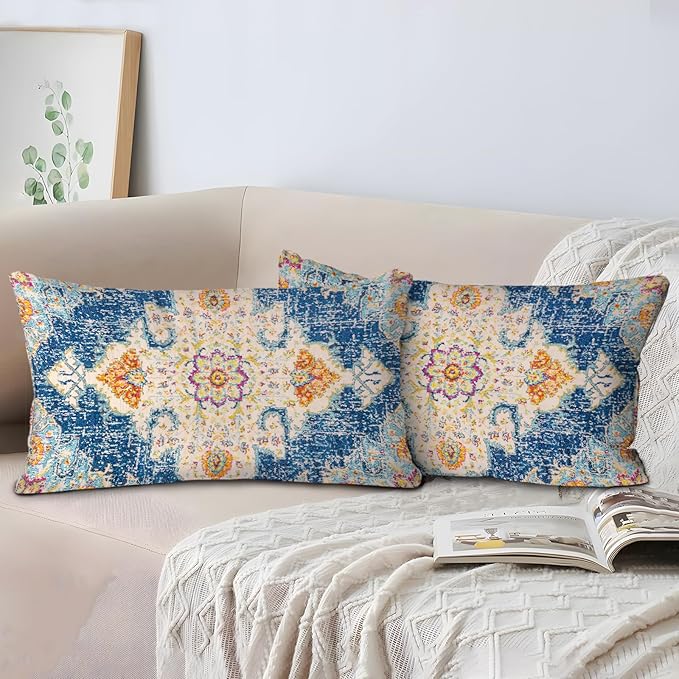 Boho Throw Pillow Covers 12x20 inch Set of 2,Boho Vintage Carpet Pattern Antique Ethnic Decor Double Sided Pattern Cushion Cover Soft Pillow Case Living Sofa Room Bed Square Pillow Cover
