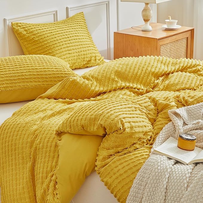 WARMDERN Boho Duvet Cover Set Queen Size,Yellow Striped Duvet Cover Microfiber Bedding Set,3PCS Ultra Soft Breathable Lightweight Tuft Texture Pattern Duvet Covers with Zipper Closure(Yellow,Queen)