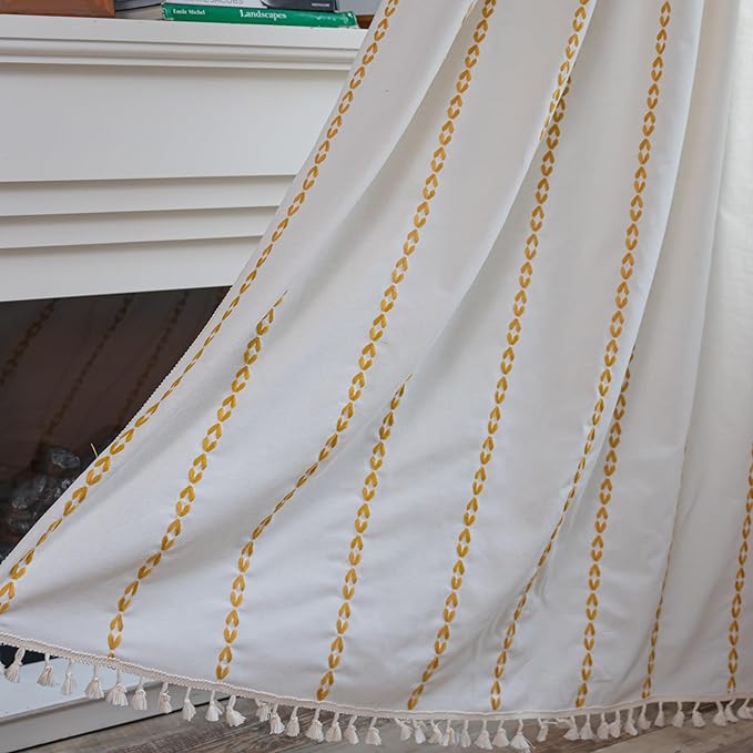 Sutuo Home Boho Curtains 90 inches for Bedroom Living Room, Semi Blackout Farmhouse Tassels Vintage Privacy Bohemian Embroidery Drape, Rod Pocket 1 Panel 52" W x 90" L, White and Gold
