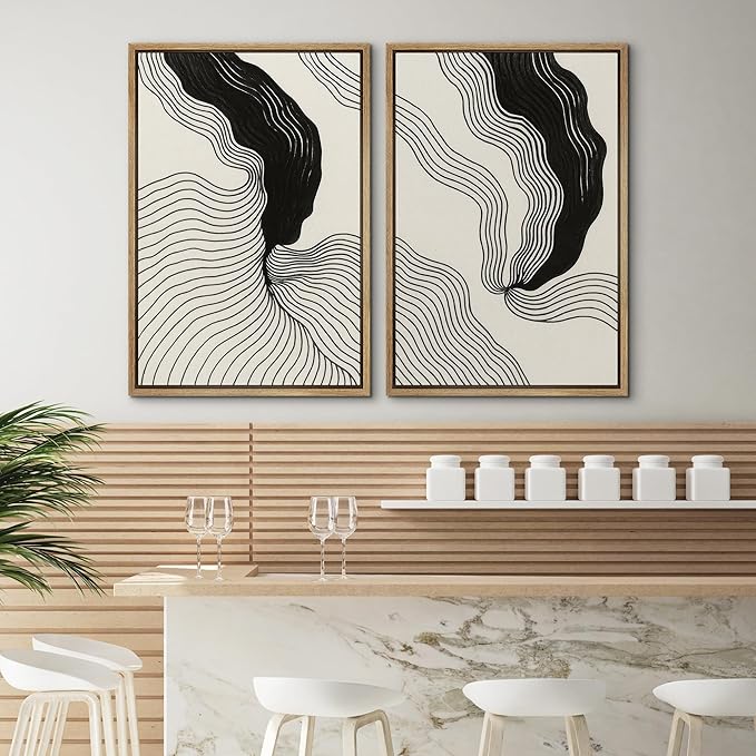 SIGNWIN Framed Canvas Print Wall Art Set Abstract Black Line Flow Minimalist Modern Art Minimal Boho Relax/Calm for Living Room, Bedroom, Office - 24"x36"x2 Natural