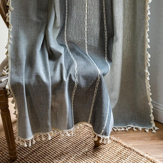 Sutuo Home Boho Curtains 72 inch Long for Bedroom Living Room, Semi Blackout Linen Farmhouse Chic Tassels Window Treatment Bohemian Embroidery Drape, Rod Pocket 1 Panel 52" W x 72" L, Gray Linen