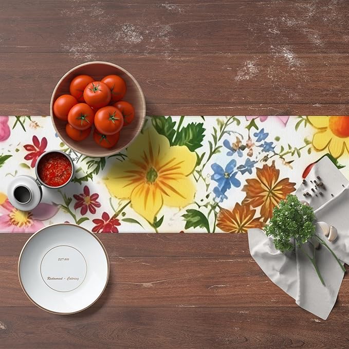 Colorful Flower Floral Table Runner 13x72 Inches Vintage Floral Faux Linen for Kitchen Dining Table Decor Wedding Birthday Party Holiday Celebration