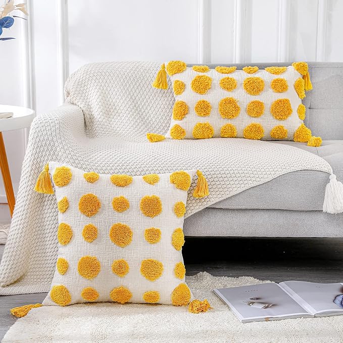 PANOD Super Soft Farmhouse Decorative Plush Throw Pillow Covers 12 x 20 Yellow,Solid Pom pom Tufted with Tassels Modern Accent Boho Lumbar Cushion Cover Pillow Case for Couch Sofa