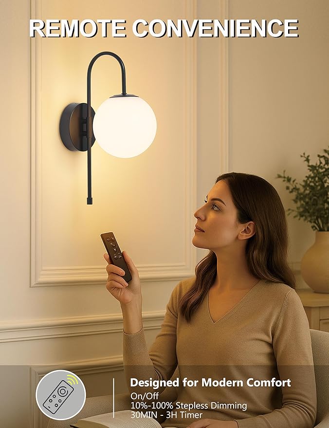 Battery Operated Globe Wall Sconces Set of 2, Wireless Black Wall Lights with Remote Control, Rechargeable 3 Color Stepless Dimming Gooseneck Wall Decor Lamp for Bedroom Living Room Hallway