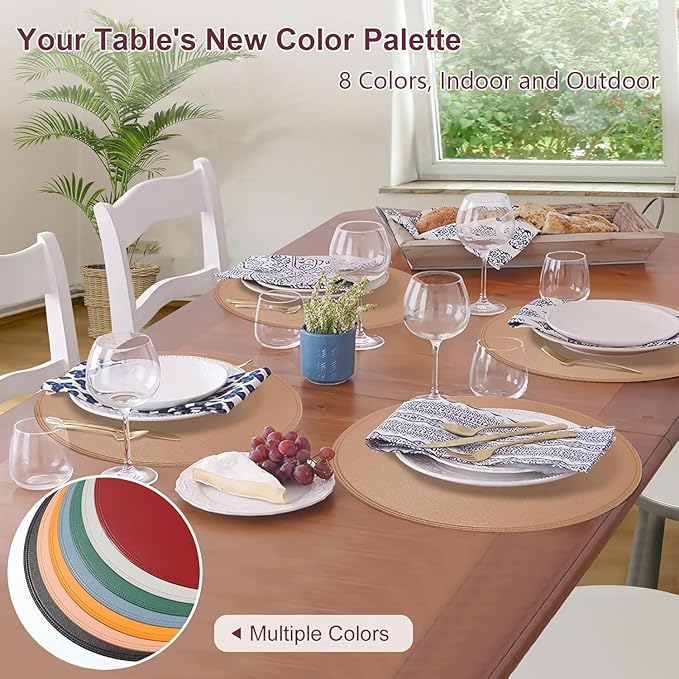Round Vinyl Pink Placemats Set of 6, Faux Leather Waterproof Wipeable Heat Resistant Place Mats, Washable Table Mats for Halloween, Thanksgiving & Christmas Dinner(Pink)