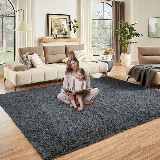 Floralux Area Rugs 9x12 Living Room, Dark Grey, Large Shag Rug Bedroom Rug, Ultra Soft Shaggy Fluffy Carpet for Playroom, Plush Modern Carpets for Kids Room, Dorm Home Decor Aesthetic
