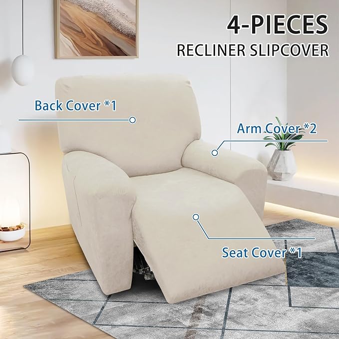 Chair Covers 4-Pieces Recliner Chair Covers 1 Seater Cover for Recliner Chair Leather Look Recliner Slipcovers with Pockets Furniture Covers(Recliner, Ivory)