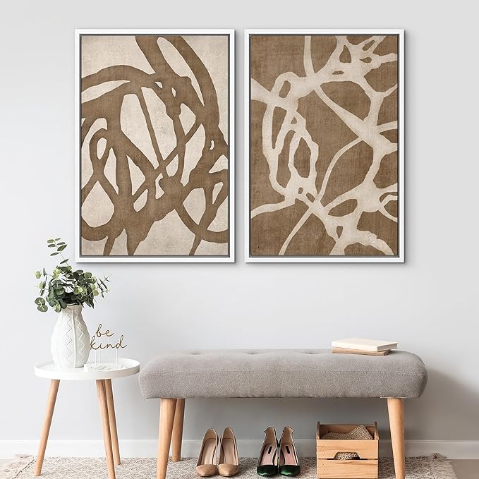 SIGNWIN Framed Canvas Print Wall Art Set Natural Flow Abstract Earth Tone Organic Shapes Cozy Neutral Minimal Decorative Nordic Zen Bohemian for Living Room, Bedroom, Office - 24"x36"x2 White