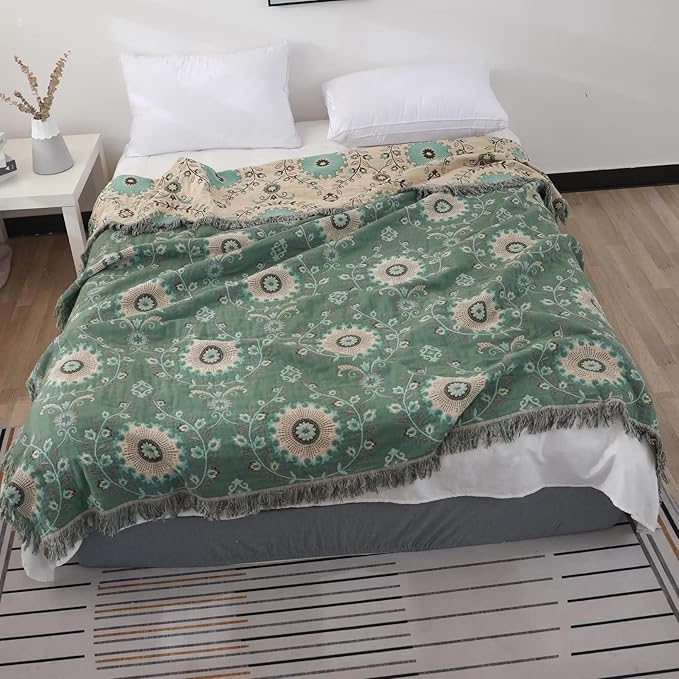 Boho Throw Blanket for Bed 100% Cotton Ultra Soft Rustic Quilt Fall Blanket Floral Printed Farmhouse Decor Bed Blankets,60"×80" All Season Rustic Throw for Sofa Couch Chair