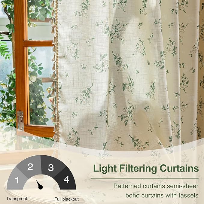 OYX Sage Green Spring Floral Curtains 84 Inch Length 2panels for Living Room, French Country Vintage Light Filtering Patterned Aesthetic Drapes for Bedroom, Rod Pocket Decor Window Treatment Curtains