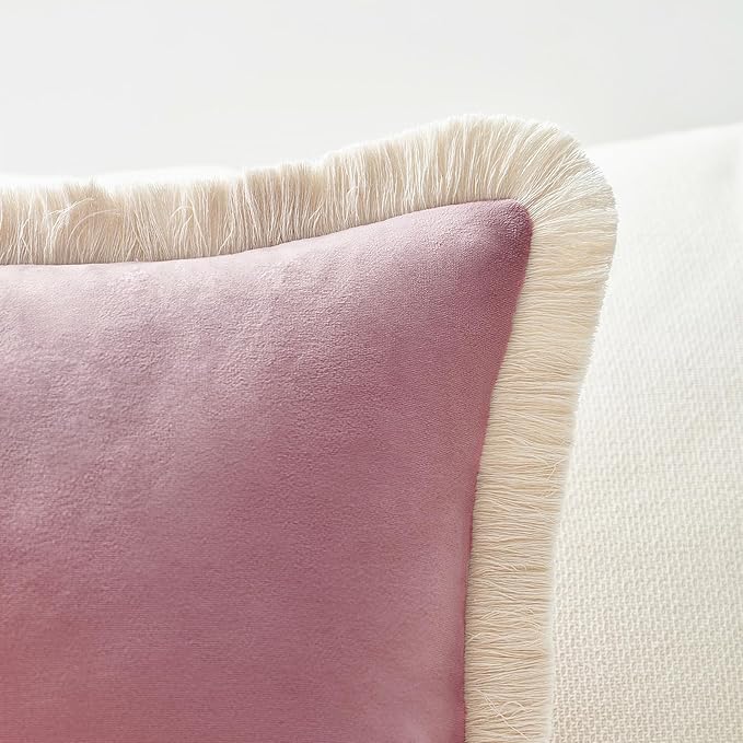 MONDAY MOOSE Decorative Throw Pillow Covers Cushion Cases, Set of 2 Soft Velvet Modern Fringe Tassel Designs, Mix and Match for Home Decor, Pillow Inserts Not Included (Dusty Pink, 18x18 inch)