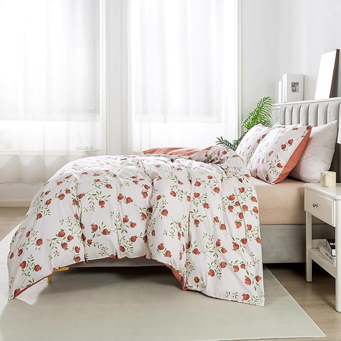 HoneiLife Fruits Duvet Cover Queen - 100% Cotton Comforter Cover 3-PC, Botanical Bedlinen Set with Zipper Closure & Corner Ties, Pomegranate Comforter Cover Sets