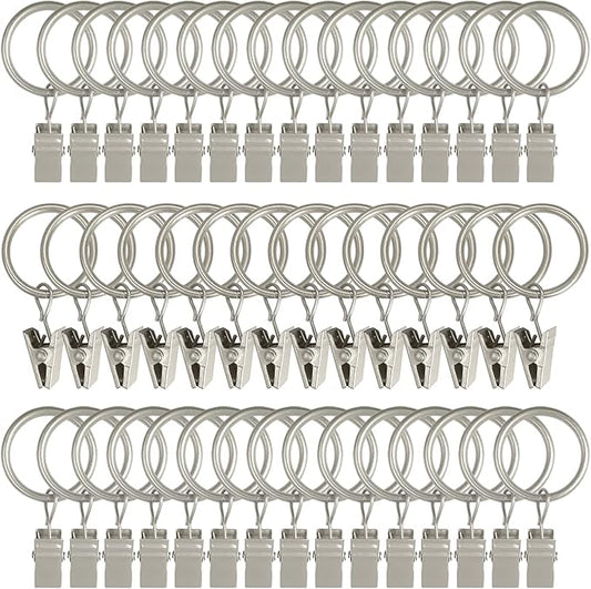 44 Pack Metal Curtain Rings with Clips, Drapery Clips with Rings, Drapes Rings 1 inch Inner Diameter, Fits Diameter 5/8 inch Curtain Rods, Matte Silver