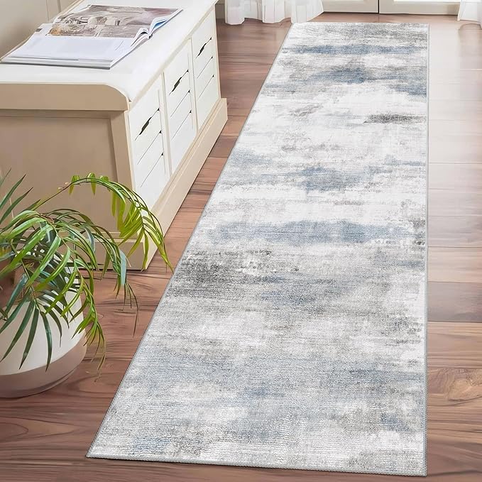 Enkor Runner Rugs for Hallway, 2x8 Washable Soft Non Slip Abstract Rugs for Kitchen, Modern Mat for Entryway Living Room Bedroom Blue & Grey