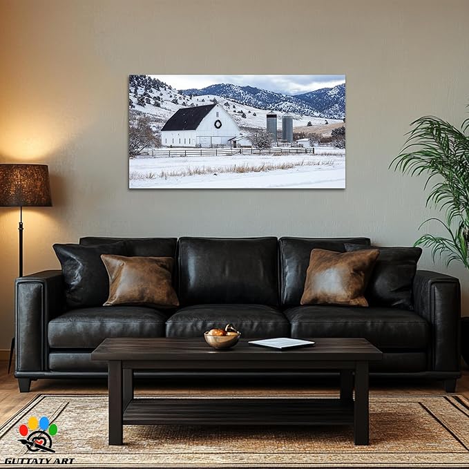 GUTTATY Christmas Winter Barn Canvas Wall Art, Rustic Farmhouse Winter Scene Pictures, Snowy Holiday Wall Decor, Countryside Canvas Print with White Barn for Living Room, Bedroom, Office, 48x24 Inch