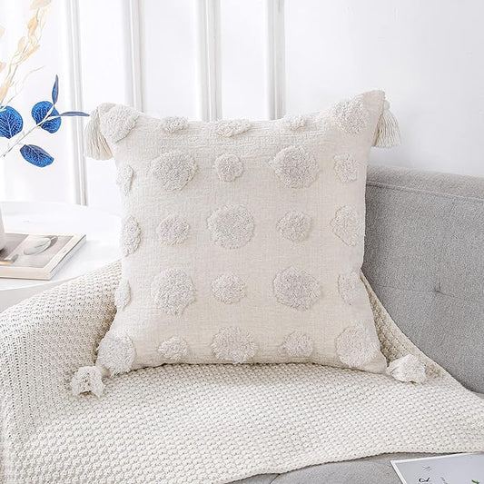 PANOD Super Soft Farmhouse Decorative Plush Throw Pillow Covers 22 x 22 White,Solid Pom pom Tufted with Tassels Modern Accent Boho Square Cushion Cover Pillow Case for Couch Sofa