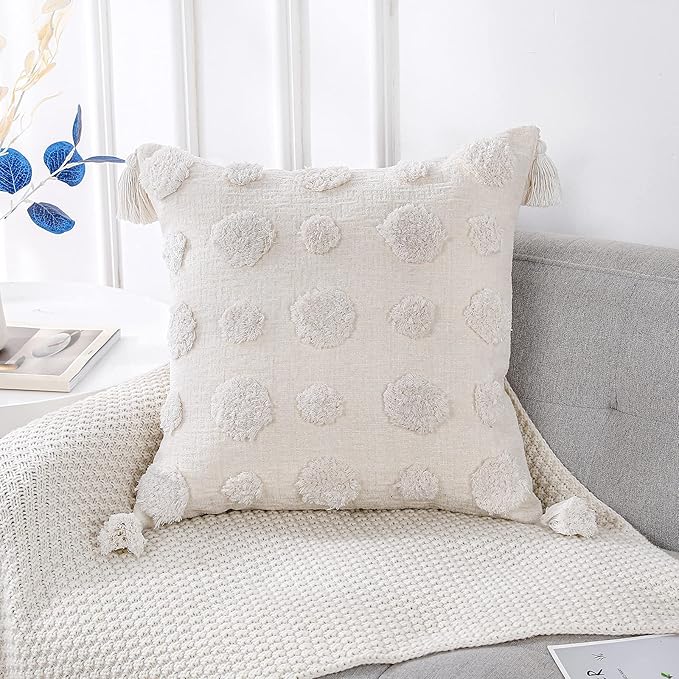 PANOD Super Soft Farmhouse Decorative Plush Throw Pillow Covers 20 x 20 White,Solid Pom pom Tufted with Tassels Modern Accent Boho Square Cushion Cover Pillow Case for Couch Sofa