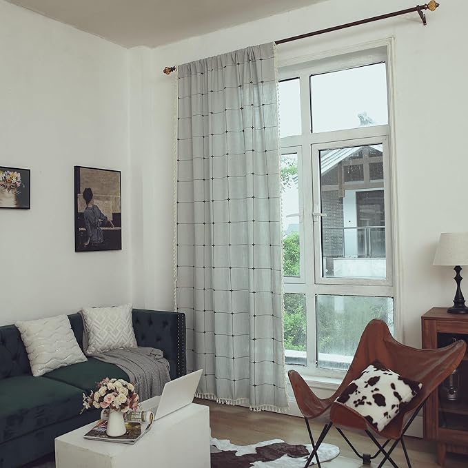 Sutuo Home Boho Curtain for Bedroom 84 Inch Length, Linen Light Filtering Country Farmhouse Vintage Chic Tassels Window Treatment Bohemian Drape for Decor 1 Panel 52" W x 84" L, Cream Grey Plaids