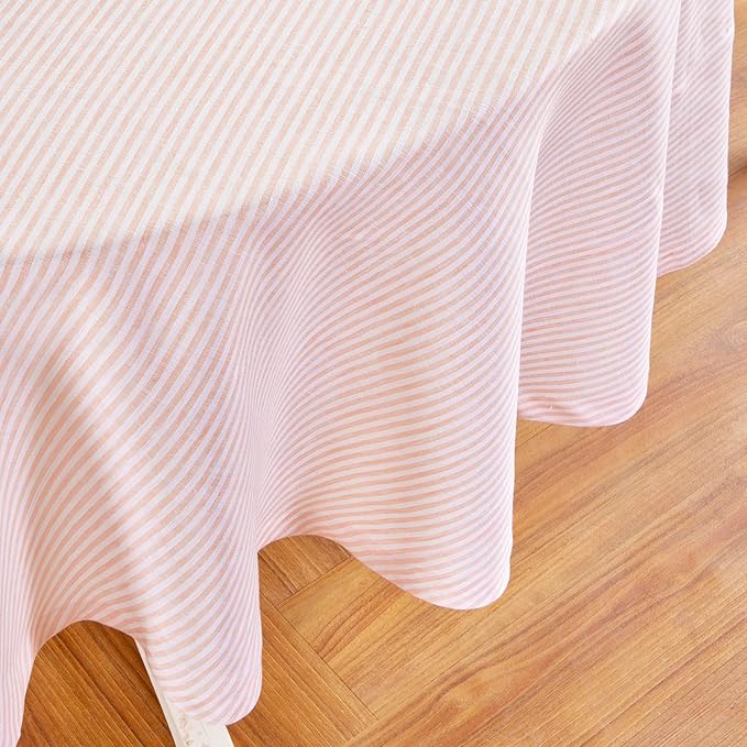 Solino Home Linen 60 Inch Round Tablecloth - Narrow Stripe, 100% Pure Linen Peach and White Round Tablecloth - Machine Washable Table Cloth