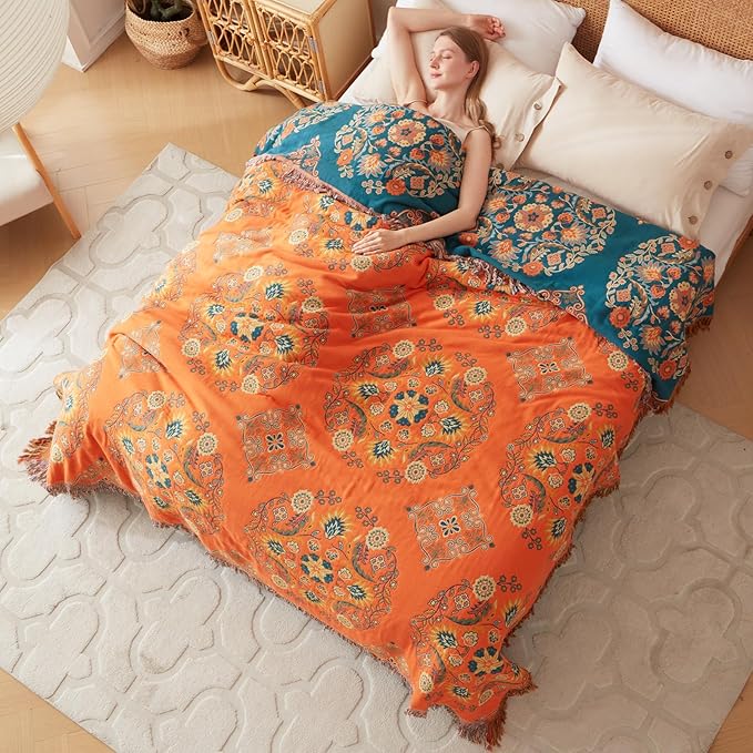 Boho Throw Blanket for Bed 100% Cotton Ultra Soft Rustic Quilt Floral Printed Farmhouse Decor Fall Bed Blankets,60"×80" All Season Rustic Large Throw for Sofa Couch Chair