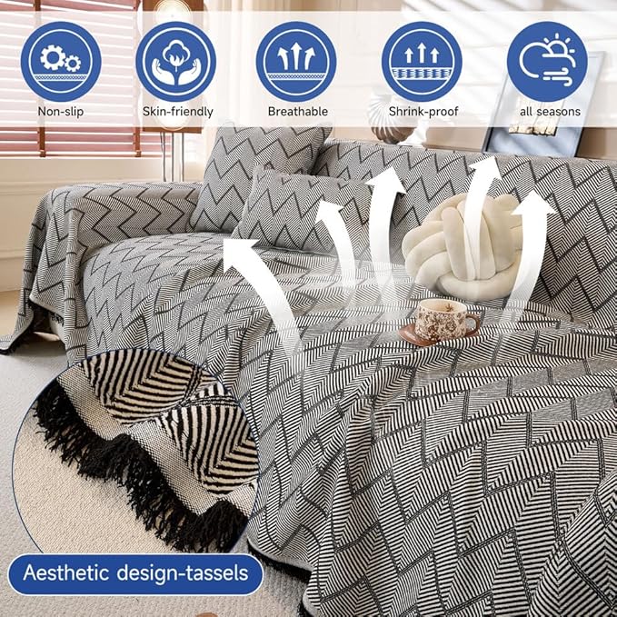 ROOMLIFE Couch Cover Black Boho Sofa Covers for 3 Cushion Couch Washable, Furniture Protector Sofa Couch Cover for Dogs, Soft Sofa Slipcover, Couch Throw Blankets with Tassels 71 '' X 118''