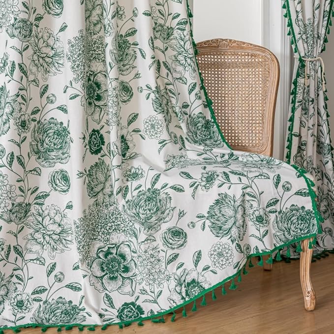 F-CHU Green Floral Farmhouse Curtains Living Room Drapes 84 Inch Length Cotton Linen Boho Window Curtain with Tassel Rod Pocket Bedroom Macrame Drapes Flower Curtains, 2 Panel