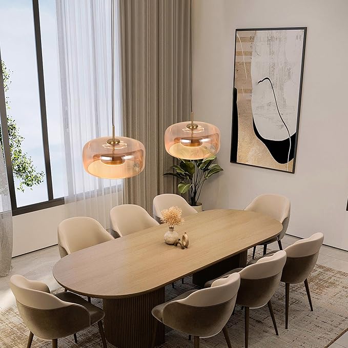 Modern Glass LED Pendant Light with Remote,15'' Stepless Dimmable & CCT Adjustable Hanging Height, 25W Modern Gold Finish for Dining Room, Living Room, Bedroom,Amber