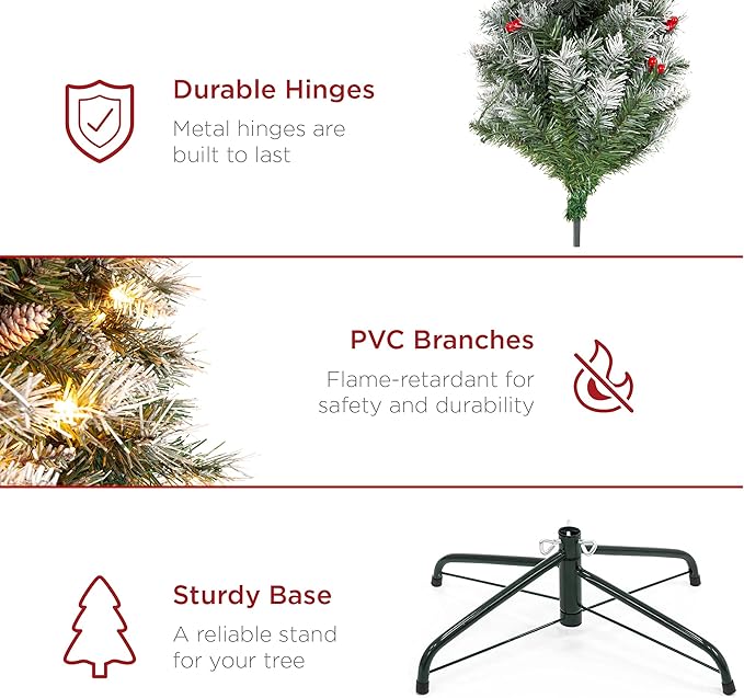 Best Choice Products 7.5ft Pre-Lit Pencil Christmas Tree, Partially Flocked Pre-Decorated for Home, Skinny Frosted Holiday Tree w/ 1,075 Tips, 350 Lights, Pine Cones, Metal Hinges & Base