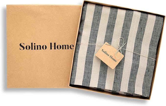Solino Home Linen Striped Tablecloth 60 x 108 Inch - 100% Pure Linen Black and Natural Table Cloth for Rectangle Tables - Sorrento Stripe, Machine Washable Tablecloth for Fall, Autumn, Thanksgiving