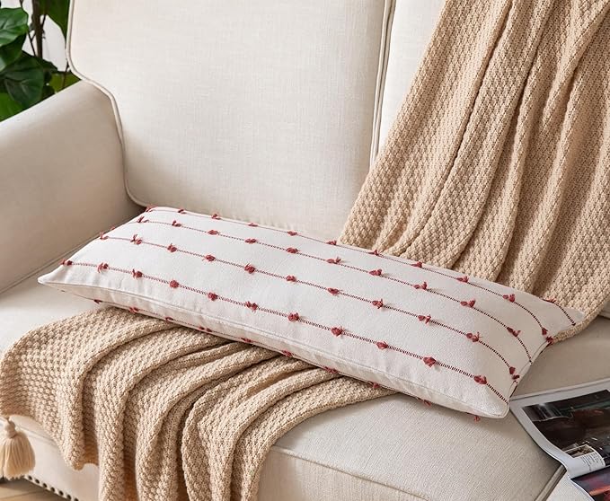 Caflife Boho Lumbar Throw Pillow Covers 14x36 inches Long, Farmhouse Decorative Body Pillow for Bed and Sofa, Living Room Home Decor Couch Rust Pillowcase, Pack of 1