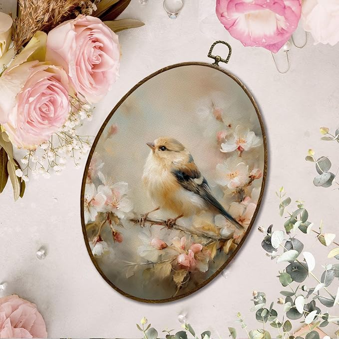 JQF Vintage Bird Floral Oval Wall Decor, Farmhouse Rustic Sparrow Floral Oval Canvas Wall Art, Retro Cottagecore Bird on Branch Framed Prints Hanging Decor for Home Bedroom Living Room, 8.5x11.5 Inch