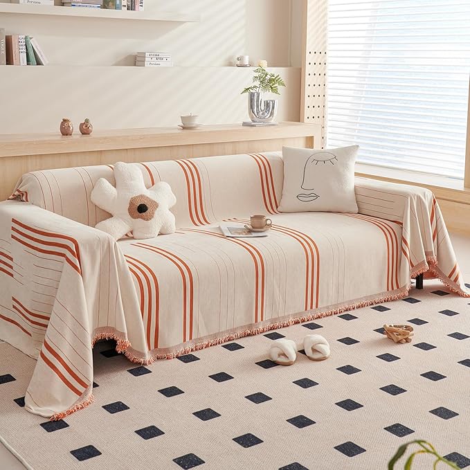 DREAMINGO Couch Cover Reversible Chenille Furniture Protector Sofa Covers for Pets Kids Beige Orange Couch Cover for 3 Cushion Couch Sofa Vertical Stripe Jacquard Sofa Slipcover Sectional, 71"x134"