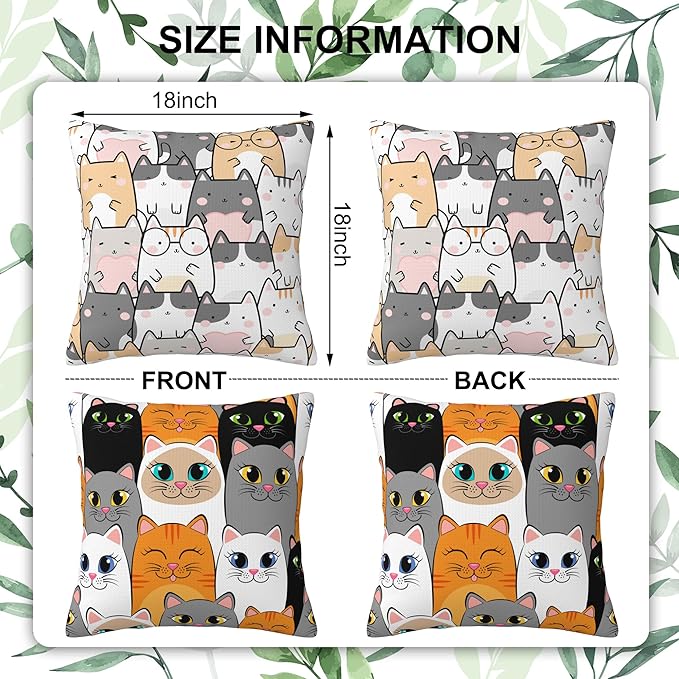 Kawaii Cute Cats Throw Pillow Cover Case Cartoon Cats Throw Pillows Set of 2 Super Soft Pillow Covers 18x18 Inches Farmhouse Home Decor for Living Room Bedroom Sofa Couch Cushion Cover
