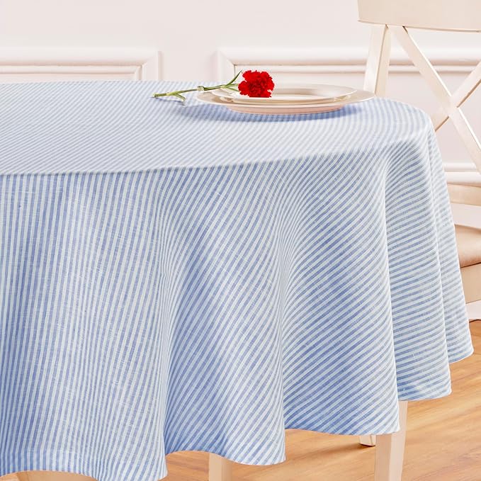 Solino Home Round Linen Tablecloth 70 Inch - Narrow Stripe, 100% Pure Linen Cornflower Blue and White Round Table Cloths - Machine Washable Tablecloth