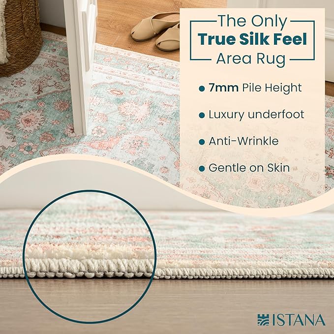 Istana 2x3 Area Rug - Light Green/Pink Boho Rugs for Living Room 2x3 - Foldable Small Rugs for Bedroom - Stain Resistant Washable Rug Non Slip - Eco-Friendly Area Rugs Indoor