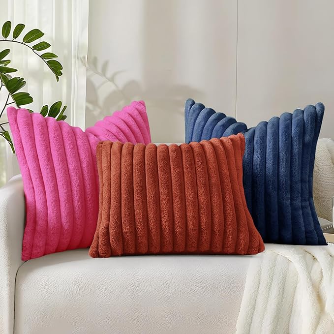 decorUhome Faux Fur Christmas Throw Pillow Covers 16x16 Set of 2, Decorative Soft Plush Striped Neutral Couch Euro Pillow Covers with Velvet Back for Sofa, Bed, Living Room Home Decor, Blue