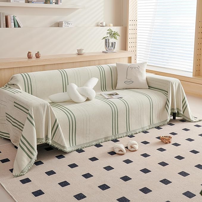 DREAMINGO Couch Cover Washable Chenille Sofa Protector for Pet Kids Beige Green Loveseat Couch Covers for 2 Cushion Couch Stripe Jacquard Versatile Sofa Throw Slipcover for Futon Couch, 71"x102"