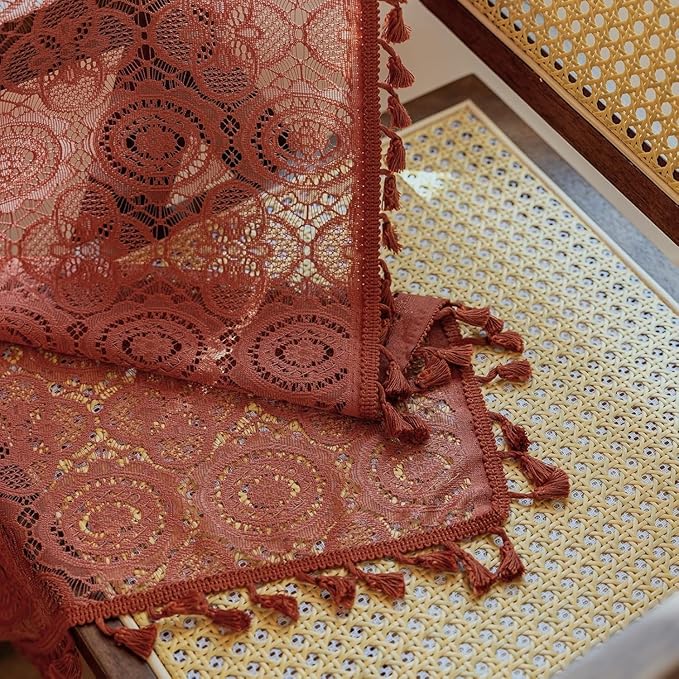 YJ YANJUN Boho Terracotta Sheer Curtains 108 inches Long 2 Panels Vintage Rust Orange Crochet Curtains for Dining Room Living Room Fall Thankgiving 9FT Floor to Ceiling Drapes 59" W x 108" L