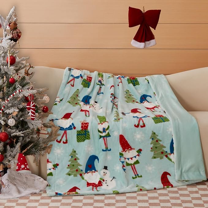 COOVA Christmas Faux Rabbit Fur & Flannel Throw Blanket 50x60 Inch - Festive Luxury Soft & Cozy, Perfect for Holiday Decor, Bed, Sofa, Couch, Father Christmas Pattern,Blue