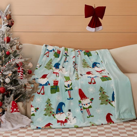 COOVA Christmas Faux Rabbit Fur & Flannel Throw Blanket 50x60 Inch - Festive Luxury Soft & Cozy, Perfect for Holiday Decor, Bed, Sofa, Couch, Father Christmas Pattern,Blue