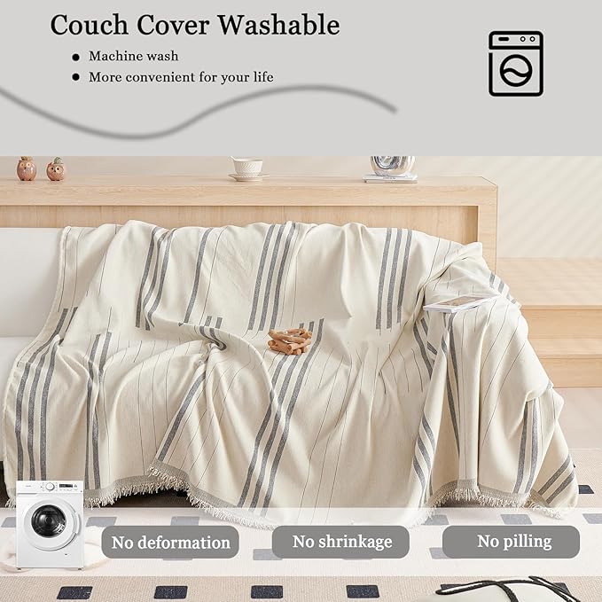 DREAMINGO Couch Cover Reversible Chenille 3 Seat Sofa Covers for Dogs Pets Beige Grey Couch Protector for 3 Cushion Couch Sofa Vertical Stripe Jacquard Sofa Slipcover Sectional, 71"x134"