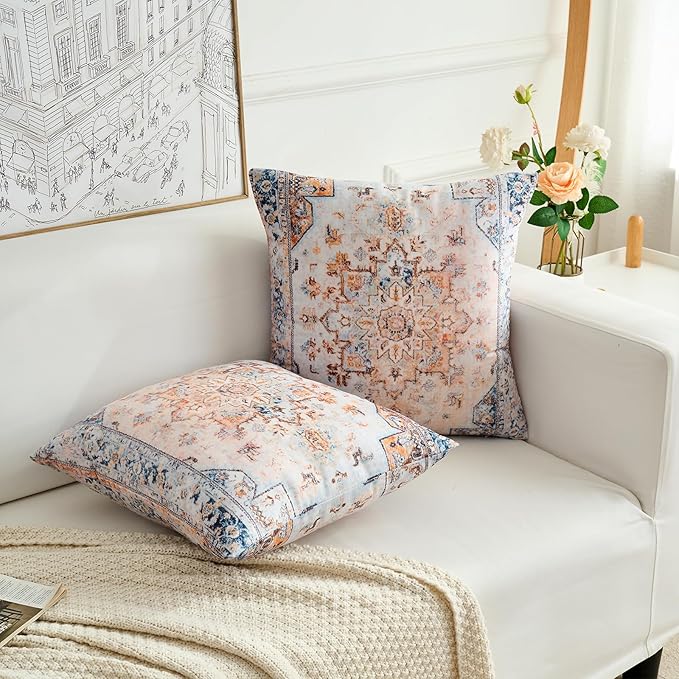 Boho Throw Pillow Covers 18x18 inch Set of 2,Boho Vintage Carpet Pattern Antique Ethnic Decor Double Sided Pattern Cushion Cover Soft Pillow Case Living Sofa Room Bed Square Pillow Cover