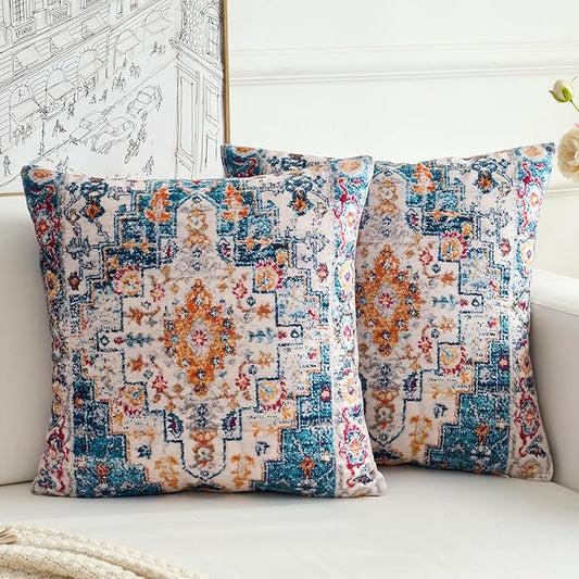 Boho Throw Pillow Covers 18x18 inch Set of 2,Boho Vintage Carpet Pattern Antique Ethnic Decor Double Sided Pattern Cushion Cover Soft Pillow Case Living Sofa Room Bed Square Pillow Cover
