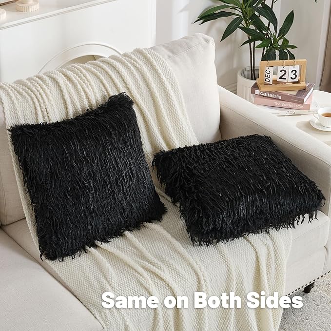 FUTEI Black Decorative Throw Pillow Covers 18x18 Inch Set of 2,Soft Fluffy Faux Feather Texture Cushion Cases,Modern Home Luxury Decor for Couch Bed Living Room