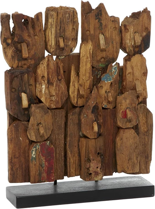 Deco 79 Teak Wood Abstract Handmade Decorative Sculpture Carved Home Decor Statue with Faces, Accent Figurine 13" x 4" x 16", Brown