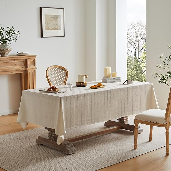 ZeeMart Linen Checked Table Cloth, Farmhouse Style Plaid Embroidered Neutral Tablecloth, Water Resistant Square Table Cloth, Beige 60x60 Inches