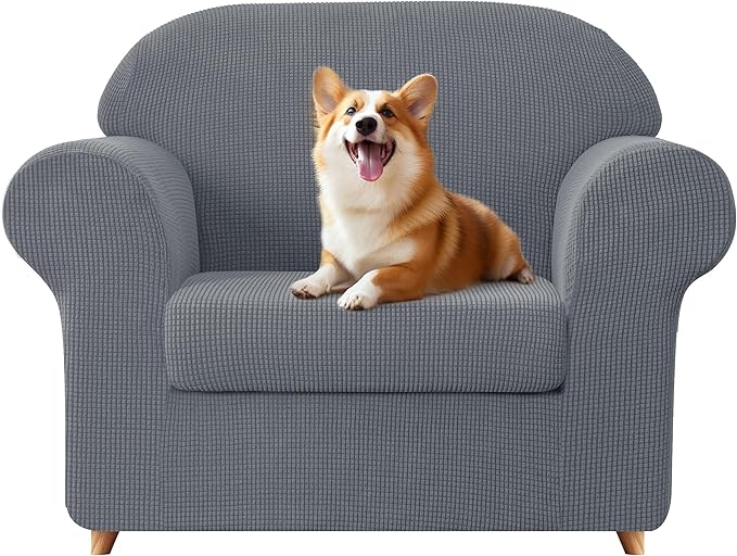 SUBRTEX Sofa Slipcover Stretch Chair Covers 2 Piece 1 Seater Armchair Couch Sofa Cover Washable Furniture Protector with Elastic Bottom for Kids, Pets(Light Gray, Armchair)
