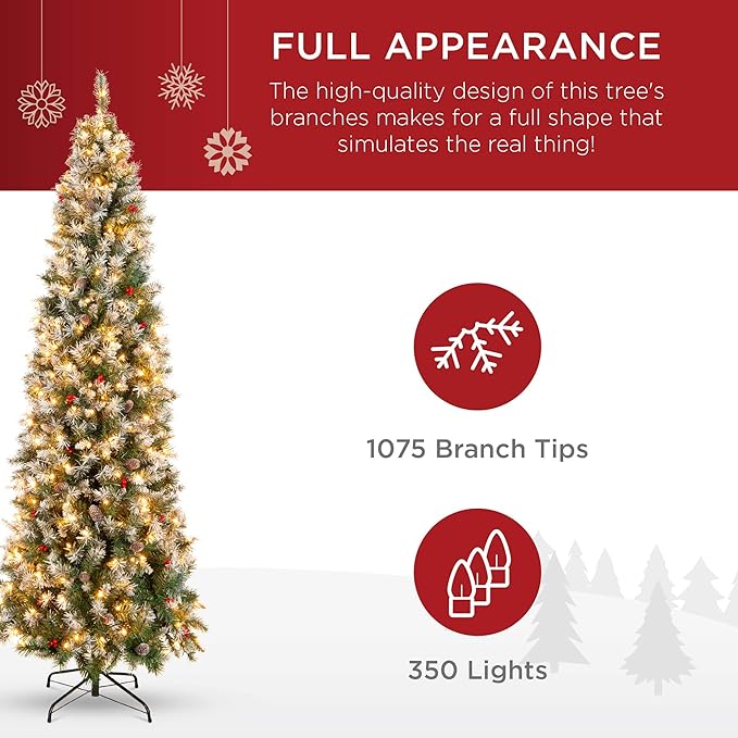 Best Choice Products 7.5ft Pre-Lit Pencil Christmas Tree, Partially Flocked Pre-Decorated for Home, Skinny Frosted Holiday Tree w/ 1,075 Tips, 350 Lights, Pine Cones, Metal Hinges & Base