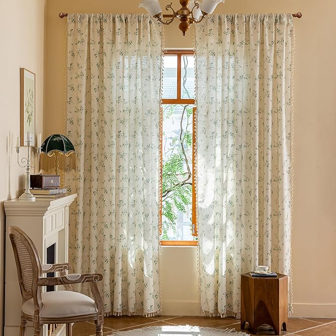 OYX Sage Green Spring Floral Curtains 84 Inch Length 2panels for Living Room, French Country Vintage Light Filtering Patterned Aesthetic Drapes for Bedroom, Rod Pocket Decor Window Treatment Curtains